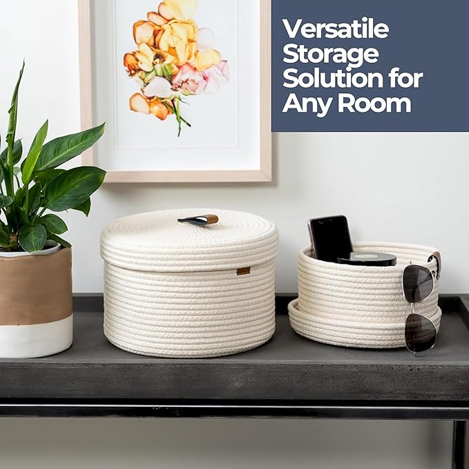 DENJA & CO Set of 2 Decorative Storage Baskets with Lids - Round Woven Baskets for Home Decor and Organizing - Small Shelf Baskets with Leather Tabs and Handles - Decorative Storage and Organizer Bins - Image 2