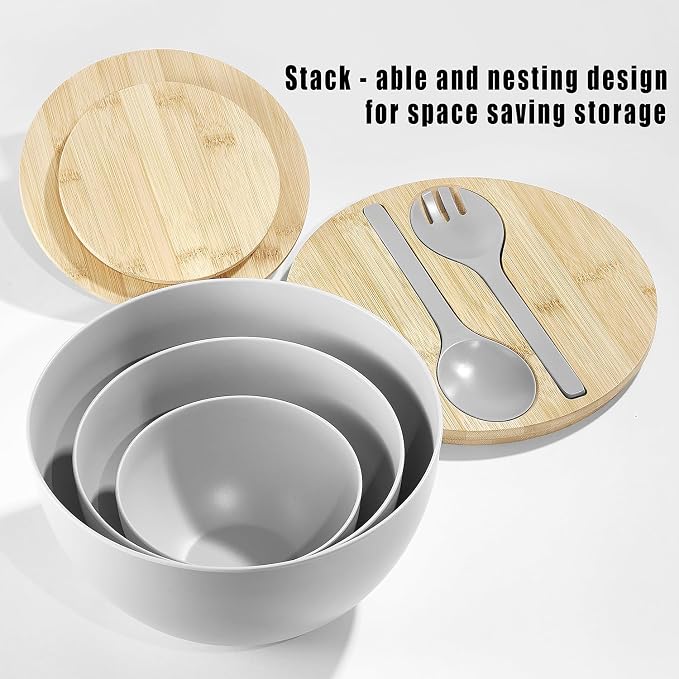 ECOWAY Salad Bowls Set of 3 with Lid & Serving Utensils, Bamboo Fiber Mixing Bowls Set Large Serving Bowls & Storage Set with Bamboo Lid for Salad, Kitchen Eating, Pasta, Popcorn, Chips, Fruit, Grey - Image 2