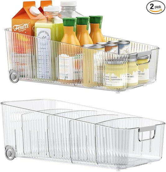 Pull Out Fridge Organizer Bins with Wheels, 8 Dividers, 2-Pack | Clear PET storage bins with handles, rear wheels and adjustable dividers for refrigerator, pantry and cabinet shelves by OZEPLASC