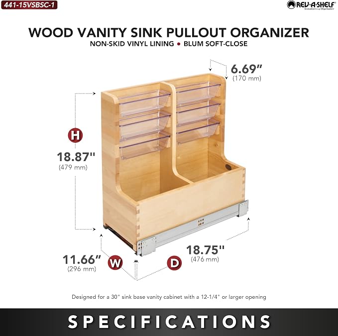 Rev-A-Shelf 30" Wood Vanity Sink Pullout Organizer Cabinet Storage with Soft-Close for Kitchen or Bathroom, Min Opening Width of 12", Maple Wood, 441-15VSBSC-1 - Image 3