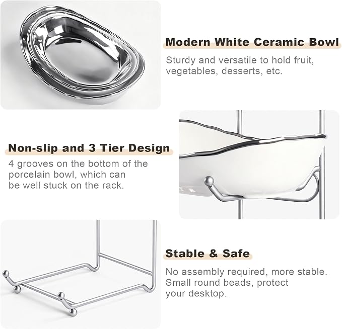 3 Tier Fruit Basket for Kitchen Counter, Detachable Ceramic Fruit Bowl Set with Metal Stand, Tiered Fruit Holder for Fruit Vegetable Dessert Storage, Countertop Organizer for Home, Silver - Image 5