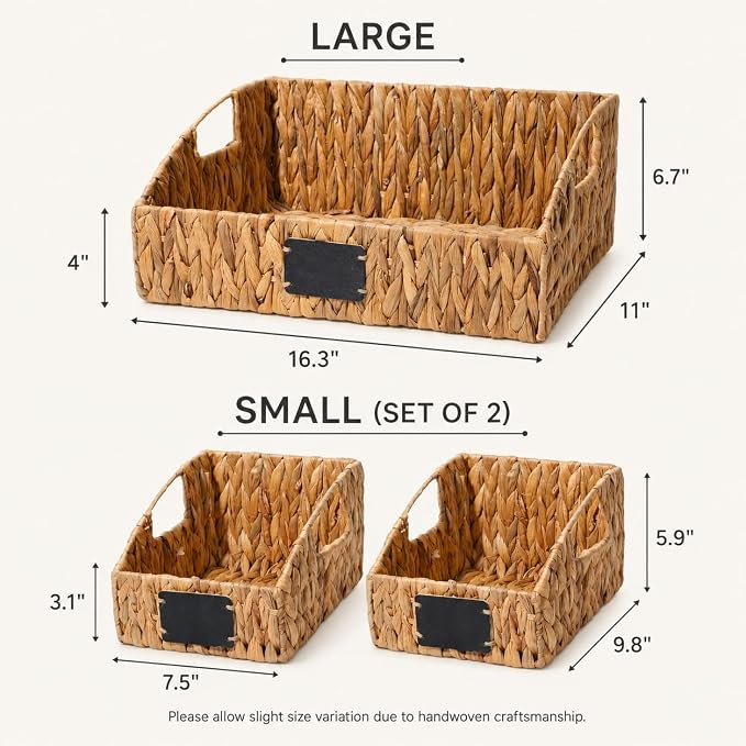 Water Hyacinth Pantry Baskets Set of 3, Chalkboard Labels | Wicker Baskets for Shelves, Woven Pantry Organizer, Laundry Room, Bathroom & Bedroom Storage, Cutout Handles, Large + 2 Small - Image 5