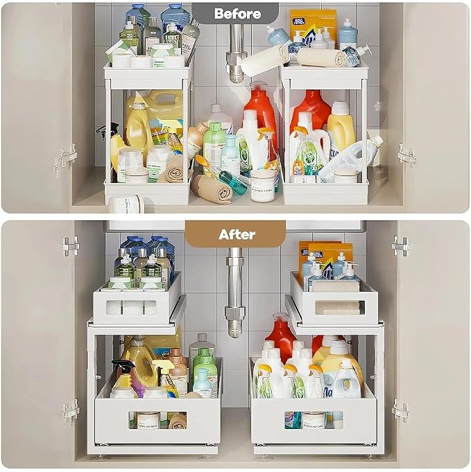 2 Pack 18.5IN-Depth Under Sink Organizer With Next-Gen Ball-Bearing Slides,2-Tier Pull Out Cabinet Storage,Height Adjustable Drawer Shelf for Bathroom,Kitchen,Laundry,Cabinet,Pantry-White - Image 6