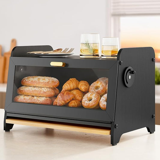 SNTD Bread Box for Kitchen Countertop, Bamboo Cutting Board, 1 Tier, Black | Adjustable Vent Hole, Airtight Design, Natural Wood, Magnetic See-through Door, Metal Frame, Homemade Bread Storage Container by SNTD