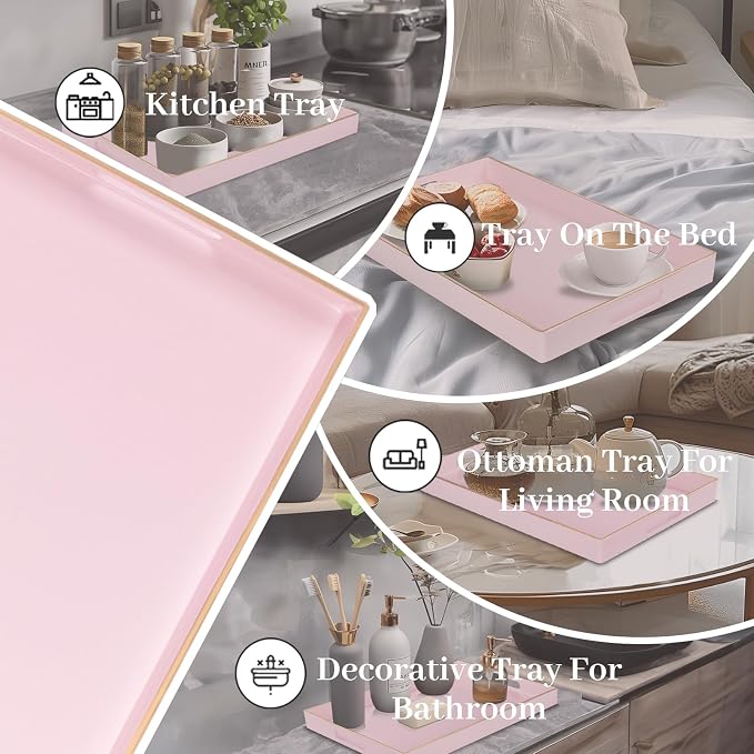 Pink Decorative Tray for Coffee Table, Serving Tray with Handles | Plastic Melamine Tray, Modern Ottoman Tray, Rectangular Countertop Organizer Tray for Living Room, 15.8"L x 10.2"W x 1.4"H - Image 7