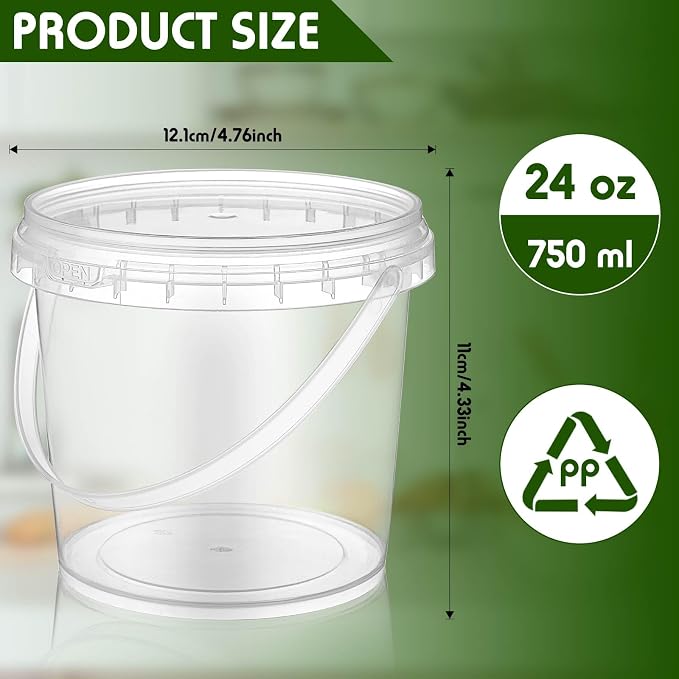 50 Pcs Food Clear Bucket Plastic Gallon Bucket Round Reusable Ice Cream Containers with Lids and Handles Airtight Clear Plastic Tub Freezer Reusable Pail for Popcorn Kitchen Drinks Home(24oz) - Image 2
