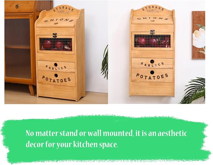 Potato Bin Veggie Organizer Rustic Pine Wood Potato, Onion & Garlic Storage Bin | Kitchen Organizer | Solid Wood Veggie Box | Compact Kitchen Box (13.77" L x 7.1" W x 29.3" H) - Image 4