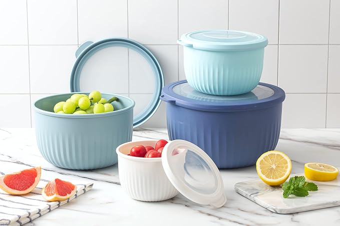 COOK WITH COLOR Prep Bowls with Lids- Wide and Deep Nesting Plastic Small Mixing Bowl Set with Lids, 8 Piece Set - Deep Bowls, Blue - Image 8
