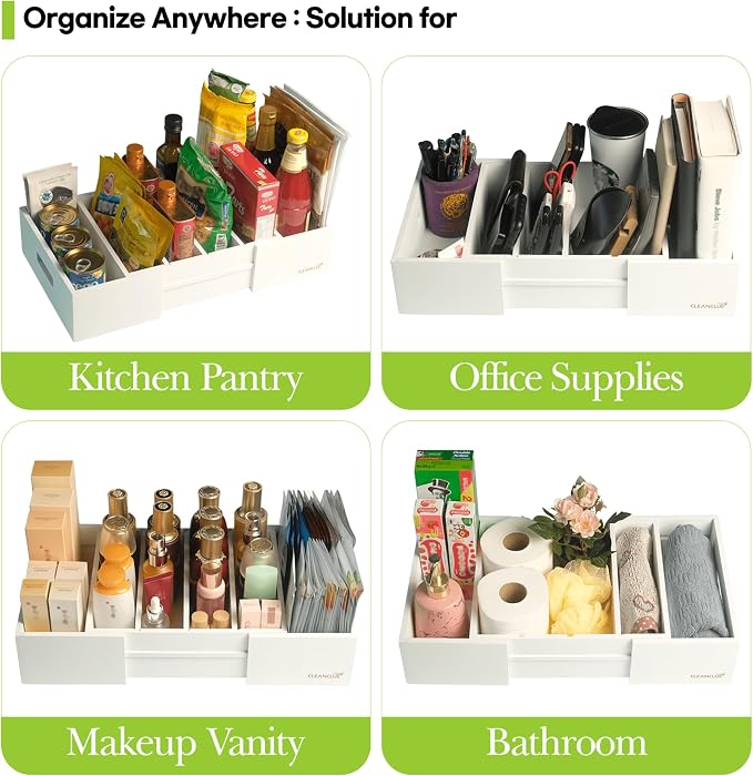 CLEANCLUE Expandable Kitchen Cabinet Organizer for Food Storage Container Lids, Bamboo Drawer Caddy Adjustable Dividers, Box for Kitchen Storage and Organization, Lids Organizer for Cabinet (White) - Image 5