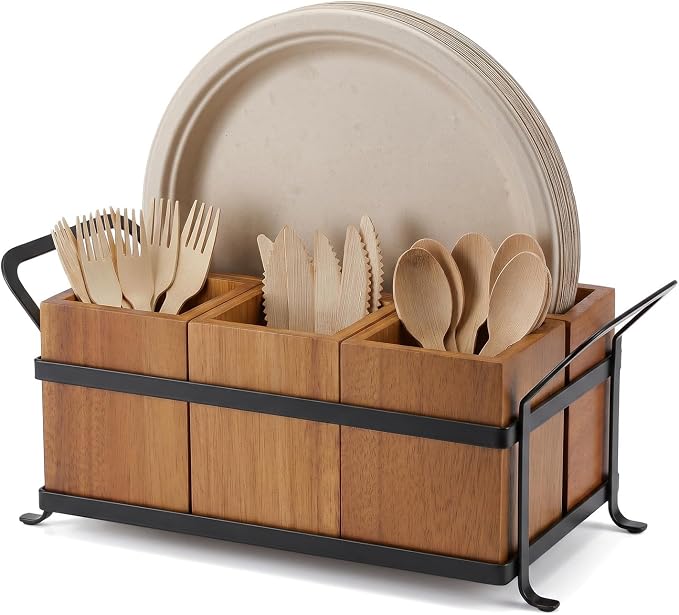 NelyBet Utensil Holder Silverware Caddy for Party Countertop, 4pcs Wood Bins Set Silverware Organizer Cutlery Holders for Spoon Fork Napkin Plate by NelyBet