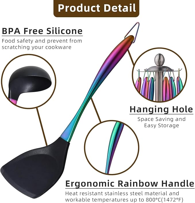 Silicone Cooking Utensil Set,6 pcs Silicone Cooking Kitchen Utensils Set,Non-stick Kitchen Cookware Titanium Stainless Steel Handle with Utensil Holder,Spatula Set for Cooking-Rainbow Color - Image 4