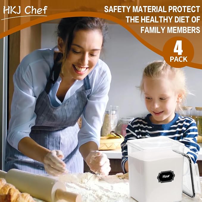 HKJ Chef 4 Pack Large Airtight Food Storage Containers with Lids (5.2L / 176oz), BPA Free Plastic Kitchen and Pantry Organization Contianers for Cereal Flour and Sugar Storage, Labels & Marker - Image 7