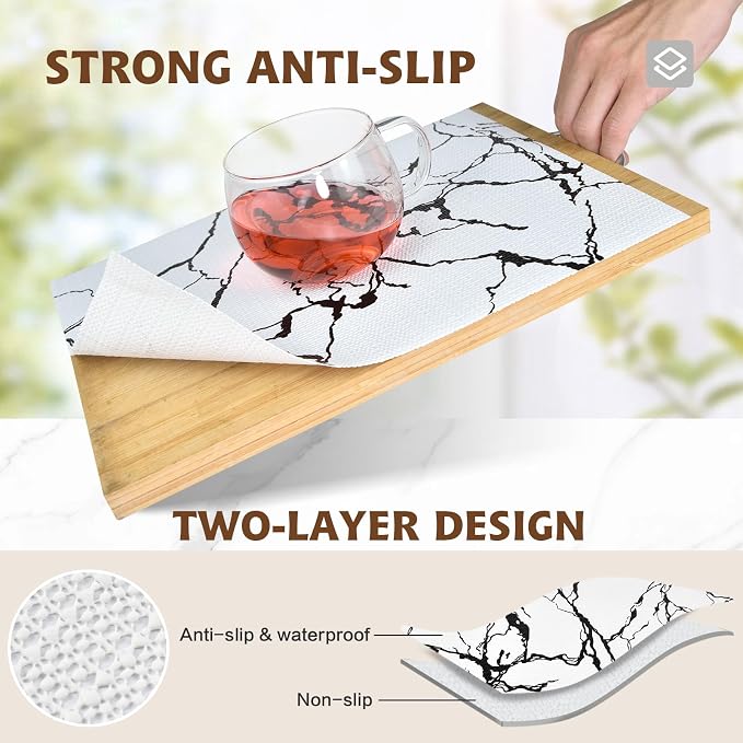 2-Layer Drawer and Shelf Liner for Kitchen Cabinet: 12 in X 30 Ft Non Slip | Waterproof Shelf Paper Non Adhesive Refrigerator Liners White/Black Marble Easy Liners for Bathroom with Knife Tape Measure - Image 3