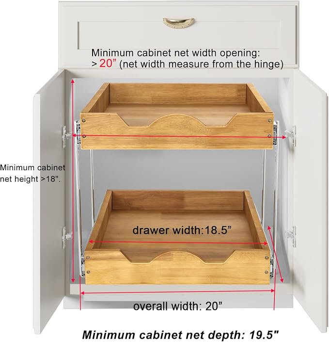 DINDON 2 Tier Pull Out Cabinet Organizer (20" W x 18" D) Double Tier Slide Out Wood Drawer Under Cabinet Storage And Organization… - Image 3