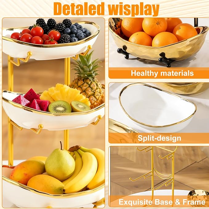 3 Tier Fruit Bowl for Kitchen Counter,Ceramic Bowl with Metal Stand,3 Tier Fruit Basket for Vegetable Bread Candy Snack Nuts Dessert Cake Tray (White Bowl Gold Rack) - Image 4