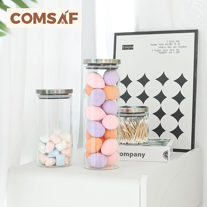 ComSaf Glass Food Storage Containers with Stainless Lids, 44 OZ Clear Glass Jar with Lid, Glass Containers with Lids set of 3, Flour Container for Pasta Sugar Tea Coffee Bean, Kitchen Canister Set - Image 7