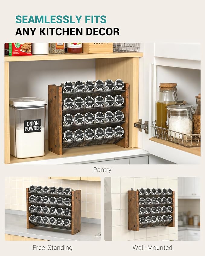 NESAPTO Spice Rack Organizer with 24 Glass Spice Jars, Wood 4-Tier Seasoning Organizer with Labels for Cabinet, Pantry, Countertop or Wall Mount, Chalk Marker and Funnel Set, 12.2" W × 9.4" H - Image 7