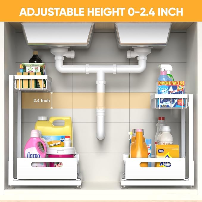 L-Shaped Under Sink Organizer, 2-Tier Pull-out Cabinet Rack 1-Pack | White Height-Adjustable Steel Rack, Sliding Grid Drawers with PP Liners, Holds 100 Lbs, Suction Base, Ideal Kitchen Storage - Image 2
