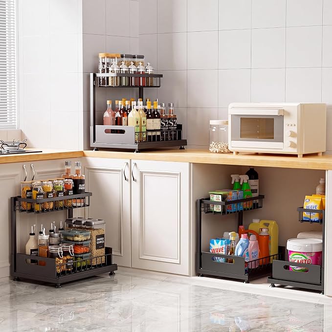 2-Pack L-Shaped Under Sink Organizer, 2-Tier Pull-out Cabinet Rack | Black Height-Adjustable Steel Rack, Sliding Grid Drawers with PP Liners, Holds 100 Lbs, Suction Base, Ideal Kitchen Storage - Image 4