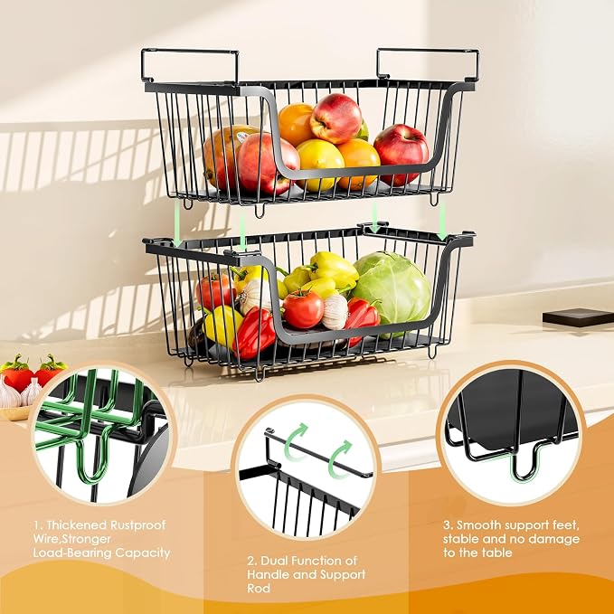 4 Pcs Stackable Wire Baskets for Pantry Organizers and Storage, Black | Metal Baskets with Handles,Produce Potato Onion Storage Bin,Vegetable Fruit Basket for Countertop, Kitchen Storage - Image 3