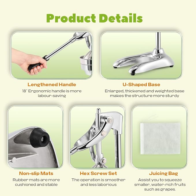 Manual Juicer Hand Press Professional Citrus Juicer Countertop Metal Orange Lemon Pomegranate Squeezer for Commercial Home Restaurant Use( Stainless Steel Heavy Duty Extra Large 7.4*9.8*19.3") - Image 5