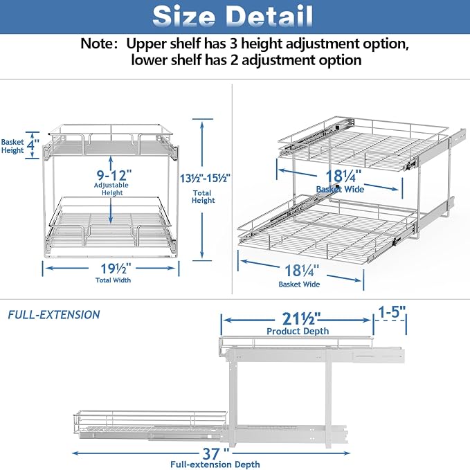 2 Tier Individual Pull Out Cabinet Organizer 19½" W x 21½" D, Heavy Duty Cabinet Pull Out Shelves, Slide Out Drawers Organization for Kitchen Cabinets Bathroom - Image 3