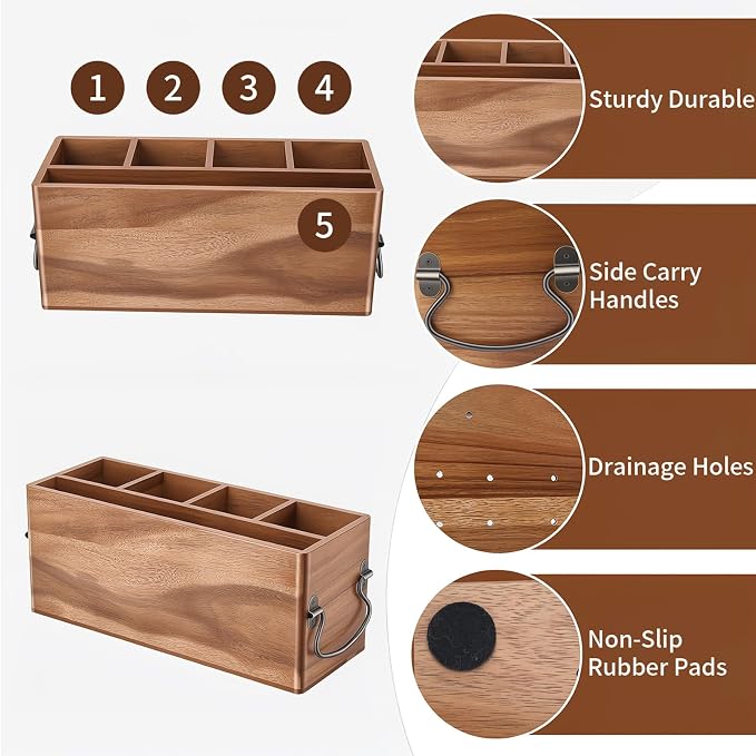 Kitchen Utensil Holder for Countertop Wooden Utensil Organizer with 5 Compartment Utensil Holder Durable Utensil Organizer Large Utensil Rack with Drain Holes Side Handles Stores Cooking Tools - Image 2