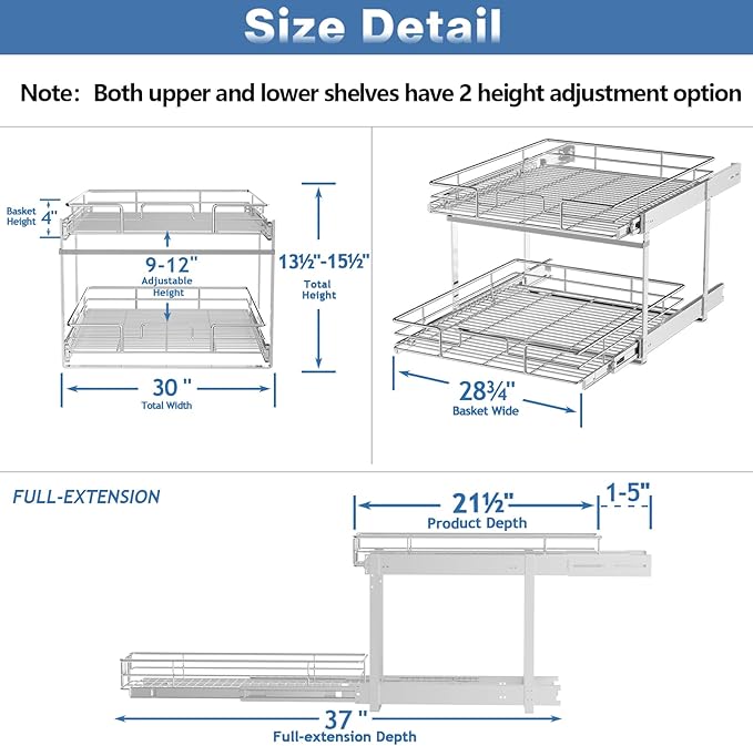 LOVMOR Individual Pull Out Cabinet Organizer, 2 Tier Slide Out Cabinet Drawers, Pots and Pans Organizer and Storage Pantry Shelf for Kitchen (30" W x 21½" D) - Image 3