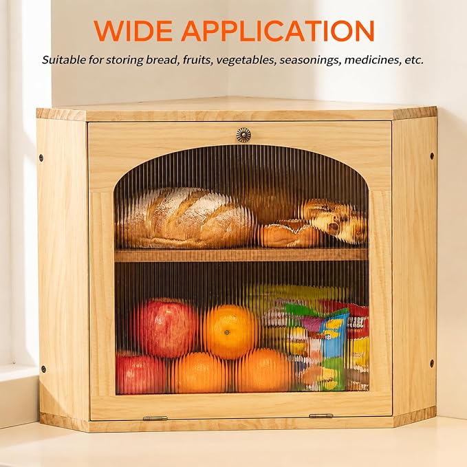 Corner Bread Box for Kitchen Countertop, Solid Wood, Natural | 2-Tier Large Capacity, Wooden Bread Box, Vintage Farmhouse Breadbox, Pine Wood, Bread Storage Container, Adjustable Shelf - Image 5