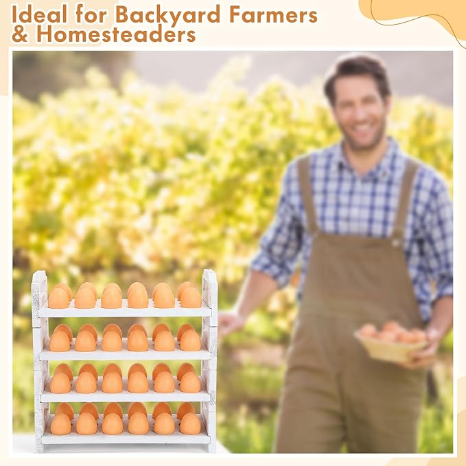Reallnaive 4 Tier Wooden Egg Holder for Countertop, Stackable Fresh Egg Storage Farmhouse Collecting Rack for Gathering Kitchen Organizer Duck Eggs Display, Stackable with 72 Eggs (White,Pine) - Image 5