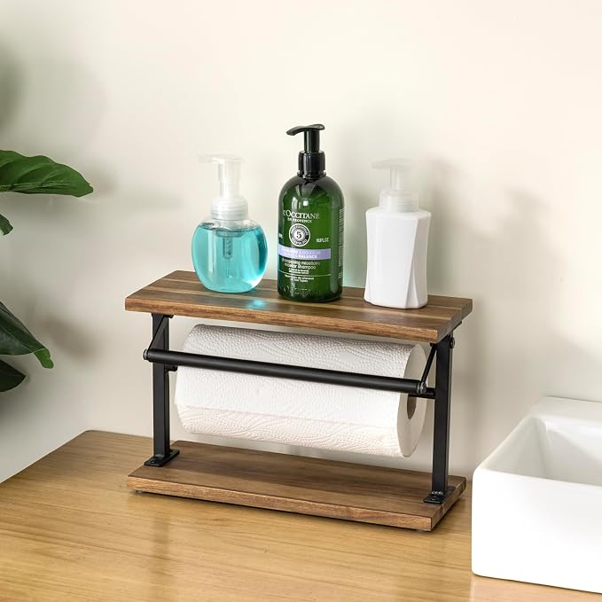 MyGift Premium Solid Acacia Wood Paper Towel Holder with Top Display Shelf and Matte Black Metal Frame, Freestanding Kitchen Countertop Disposable Roll Dispenser Storage Rack - Image 3