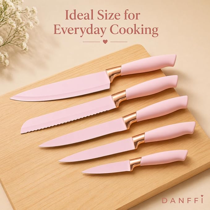 19-Piece Pink Kitchen Utensils Set with Knife Set & Cutting Board - Silicone Cooking Utensils with Wooden Handles, Rose Gold Accents, Scissors, Whisk & Tongs - BPA-Free Pink Kitchen Gift Set - Image 5