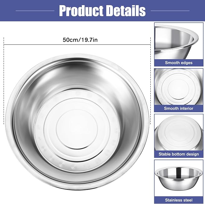 Nuogo 2 Pack 17 Quart Large Mixing Bowl Oversized All Purpose Stainless Steel Mixing Bowl Metallic Flat Base for Home Commercial Prepping Baking Marinating Cooking Brining - Image 4