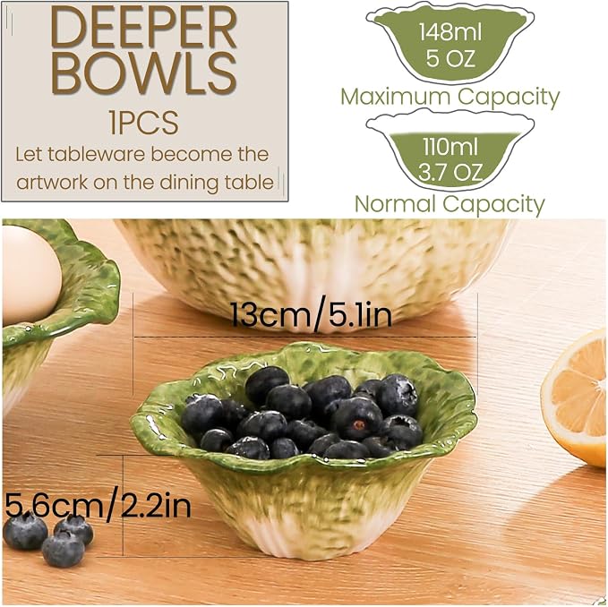 KXZ 5 oz Ceramic Dipping Bowl, Green Cabbage Shape Small Bowls, Porcelain Mini Baking Cups Oven Safe for Personal Ice cream, Soy Sauce, Dipping Dish, Cheese, Snack, Yogurt, Ketchup, BBQ - Image 2