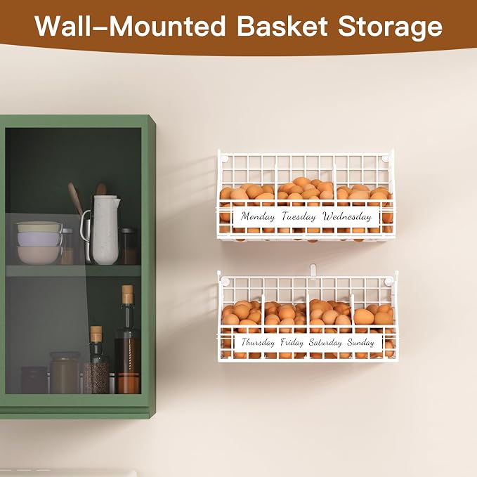 Egg Basket, Stackable Wall Mount Egg Holder Countertop with Weekday Labels | Rustproof carbon steel basket with adjustable dividers, ideal for backyard poultry, small kitchen & pantry storage, 2T White - Image 4
