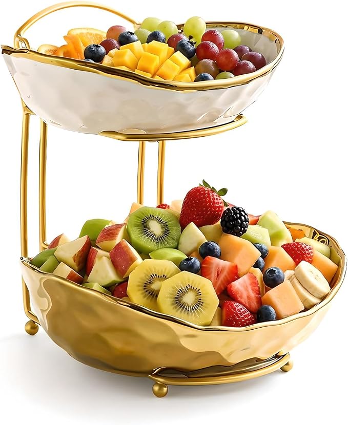 XUDREZ 2 Tier/ 3 Tier Fruit Bowl with Metal Stand for Kitchen Counter, Ceramic Gold Silver, Portable Tiered Fruit Basket Fruit Rack for Nuts, Snacks, Bread, Candy Storage (Gold, 2 Tier) - Image 3