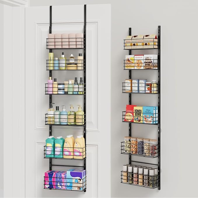 SWTYMIKI Over The Door Organizer - Door Organizer Hanging with 6 Adjustable Metal Large Capacity Basket, Wall Mounted Shelf for Bedroom Closet Bathroom Laundry Pantry Cabinet Kitchen(Black) by SwtyMiki-TidyHomeSweetLife