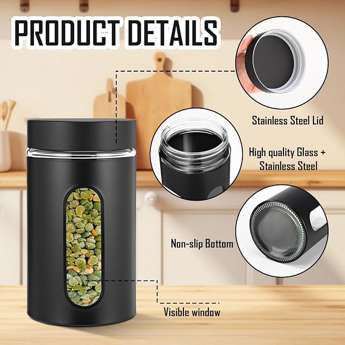 Patelai 6 Pack Kitchen Canisters Set Airtight Stainless Steel Canister Food Storage Container with Window Glass, Coffee Sugar Candy Jars Tea Organizer for Flour Cookies Spice (Black,32 oz) - Image 3