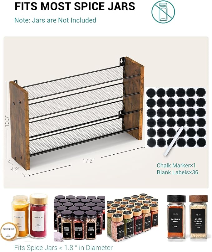NESAPTO Spice Rack Organizer for Cabinet, Wood 4-Tier Vertical Seasoning Organizer, Wall Mount or Countertop Spice Shelf, Holds 36 Jars (No Jars Included), 17.2" W x 10.3" H - Image 2