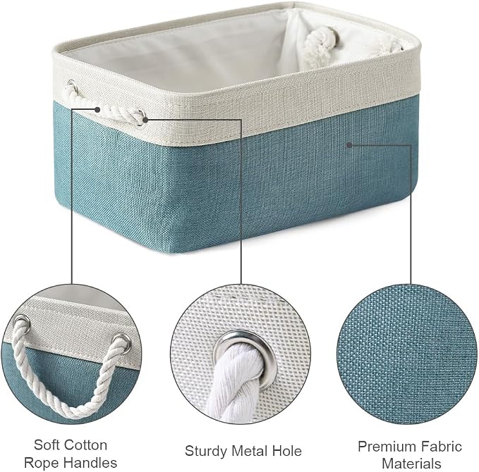 Fabric Storage Bins Baskets for Organizing,Sturdy Storage Basket W/Handles, Decorative Foldable Storage Baskets for Shelves Closet Nursery Toy (White&Teal, Medium - 3 Pack) - Image 7