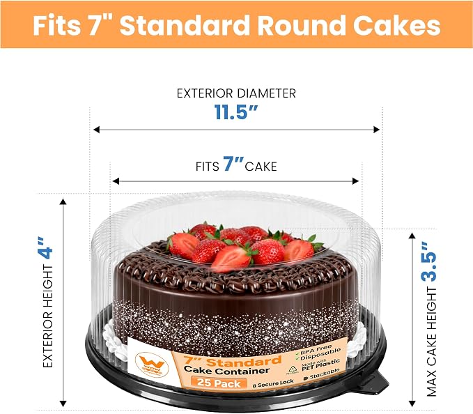 WOW 7in Standard PET Round Cake Carrier, 25-Pack | Fits 7in Cakes, Clear Dome Lid, Stackable, Lightweight, Desserts, Pies, Pastries, 9.5in Diameter - Image 2