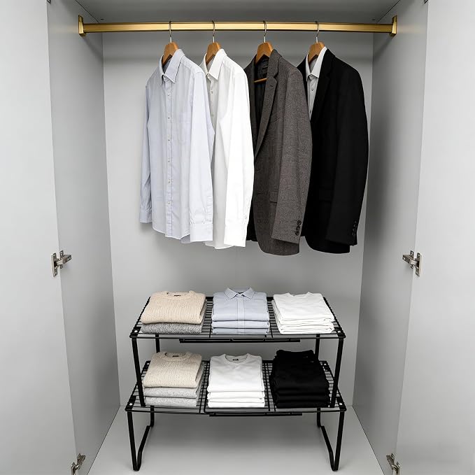 Extendable Metal Wire Shelf Organizer - Adjustable 15-24.4in Length, Stackable Storage Rack for Kitchen, Pantry, Bathroom, Shoe Cabinet & Tool Closet (2 Pack, Black) - Image 3