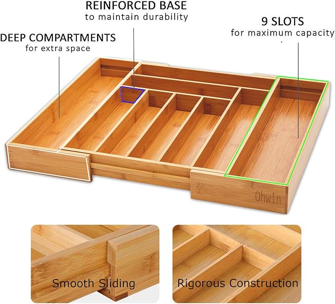 Bamboo Kitchen Drawer Organizer - Expandable Silverware Organizer/Utensil Holder and Cutlery Tray with Grooved Drawer Dividers for Flatware and Kitchen Utensils (9 Slots) - Image 2