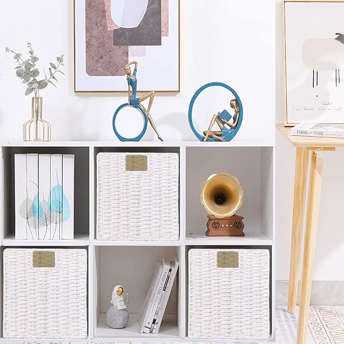 Wicker Baskets for Storage, Set of 4 Hand-Woven Wicker Storage Baskets for Shelves, Cube Storage Baskets Bins with Handles, Wicker Basket for Organizing Pantry Bedroom, White - Image 6