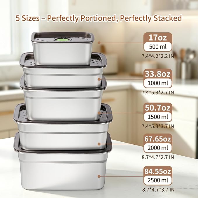 Stainless Steel Food Storage Containers Set of 10,Airtight Leakproof Meal Prep Containers with Lids, Reusable Stackable Lunch Boxes for Food Organization, Freezer & Dishwasher Safe - Image 2