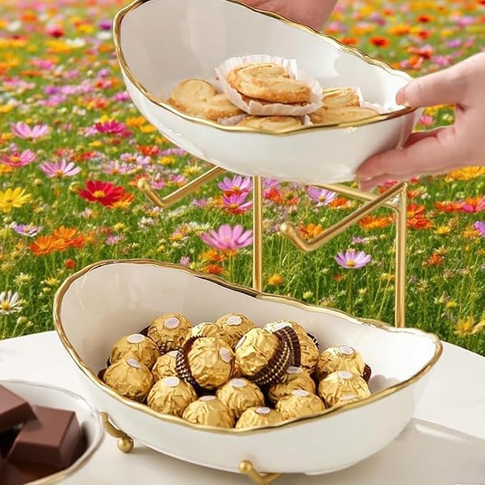 Ceramic Fruit Bowl,2-Tier Countertop Fruit Basket with Metal Stand,Space Saving Modern Tiered Fruit & Snack Stand for Kitchen, Party, Desserts, Nuts and Cake(Gold, 2 Tier) - Image 6