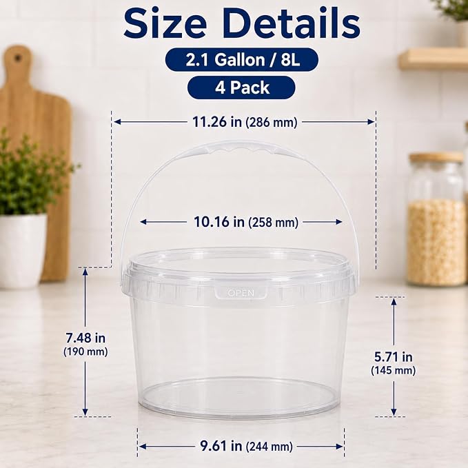 DEMORA Food Grade Bucket with Lid, Round Storage Pail (2.1 Gal, Clear) | BPA-Free & Stackable, Leakproof Freezer Safe; For Deli, Ice Cream, Meal Prep, Cleaning, Car Wash & Fishing - Image 2
