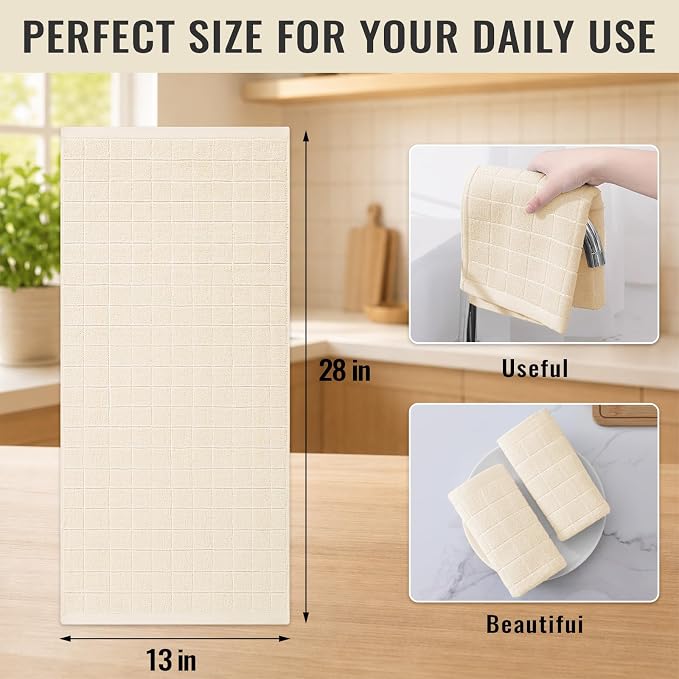 Kitinjoy 100% Cotton Terry Kitchen Towels, 13”x 28”, 4-Pack, Beige | Checkered Designed, Ultra Soft Absorbent Quick Drying Dish Towels - Image 4