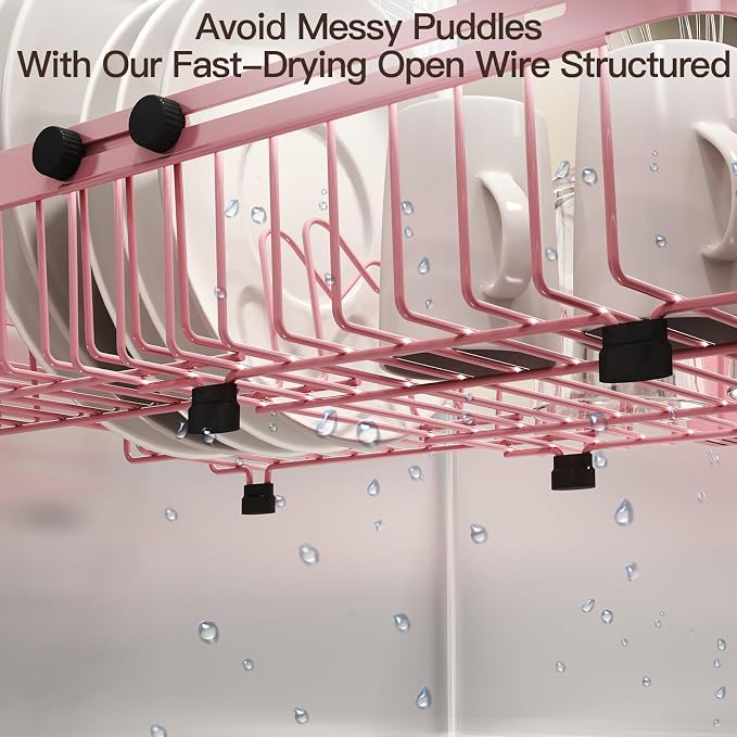 Pink Dish Drying Rack Over The Sink with Utensil Holder | Expandable Stainless Steel Dish Drainer for Small Kitchen, Apartment, RV, Counter Space Saving, Perfect Fit, Rustproof - Image 3