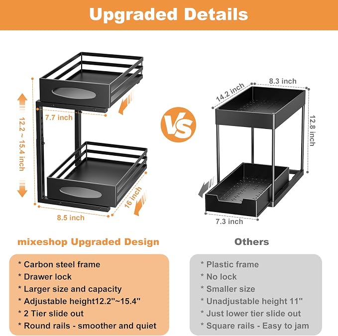 Under Sink Organizer, 2 Tier Under Sink Organizers and Storage, Adjustable Height, Slide out Metal Cabinet Organizers, Pull out Cabinet Storage Drawer Shelf for Kitchen Bathroom (Black, 1 Pack) - Image 5